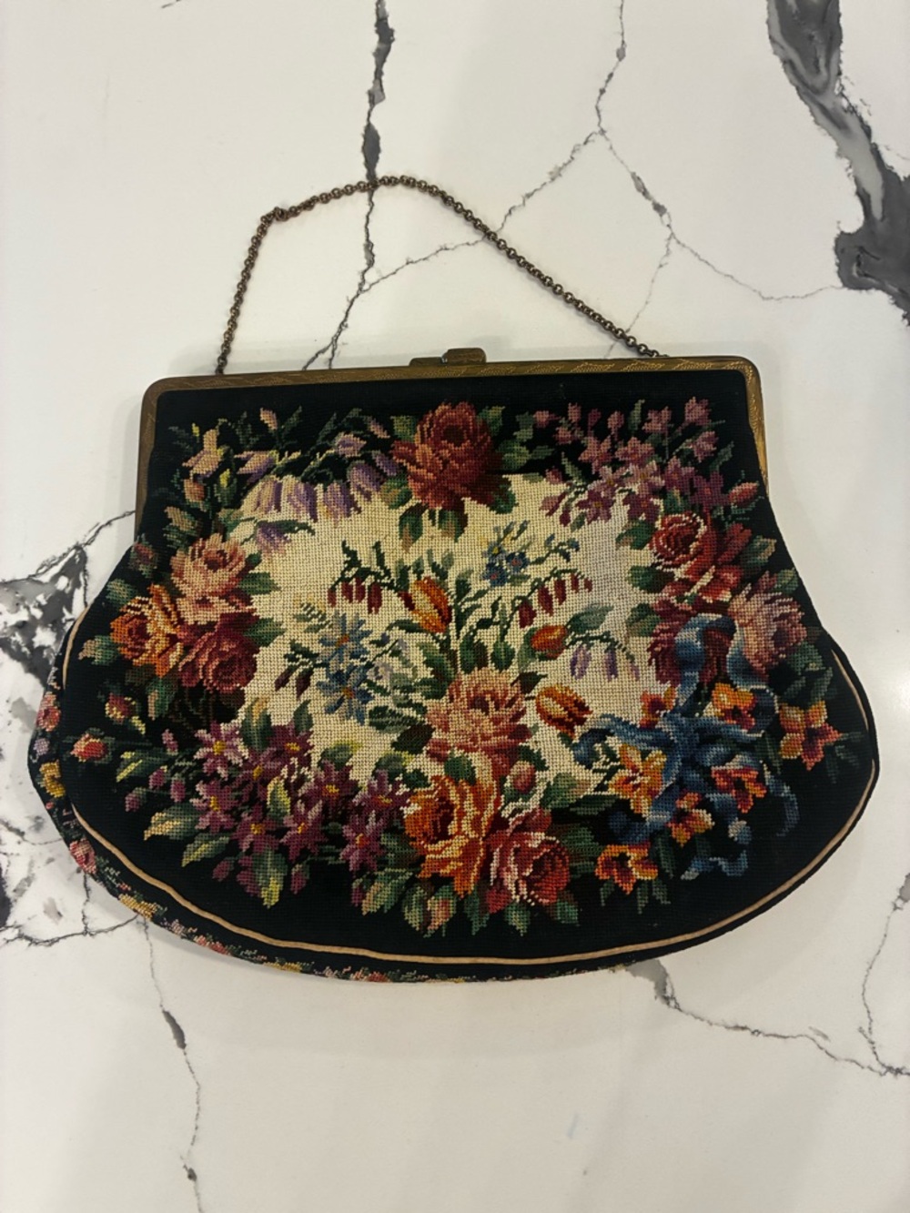 Vintage Floral Tapestry Handbag in Black and Multicolor